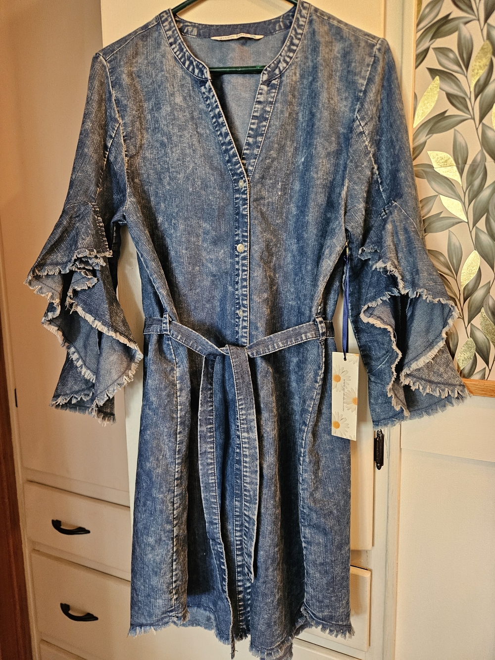 Given Kale Denim Belted Dress with Ruffle Bell Sleeves - Blue